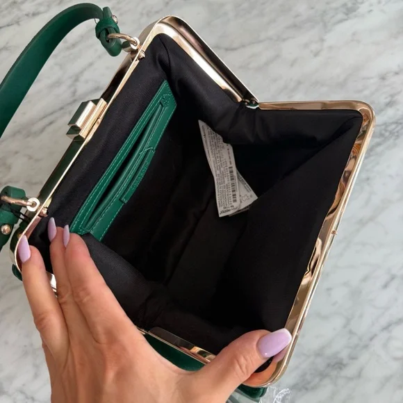 Zara Basic NWT Elegant Green Suede Snap Handbag with additional strap - Picture 6 of 7
